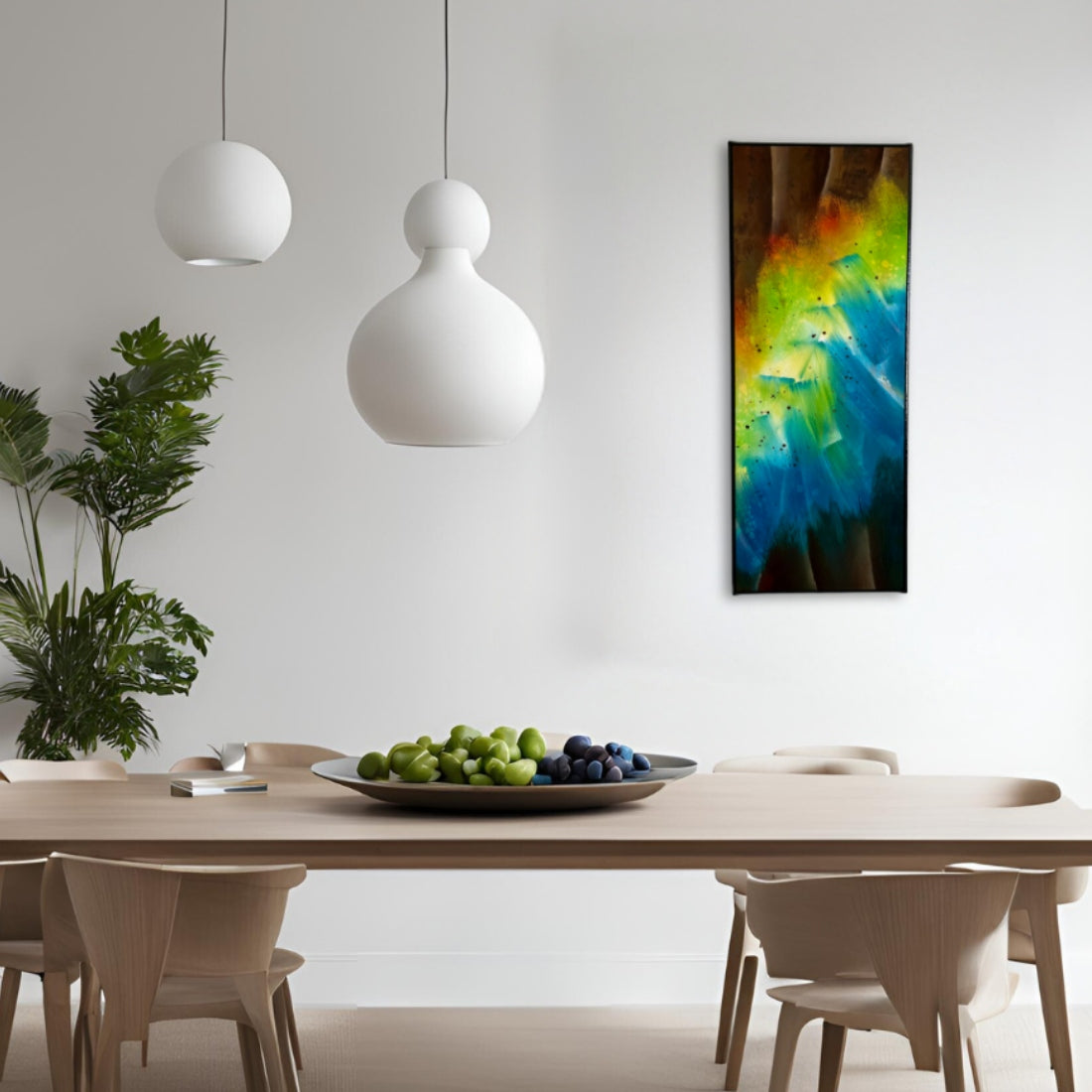 Tableau abstrait "confrontation mystique" de l'artiste peintre Charley l'art abstrait dans une salle à manger minimaliste