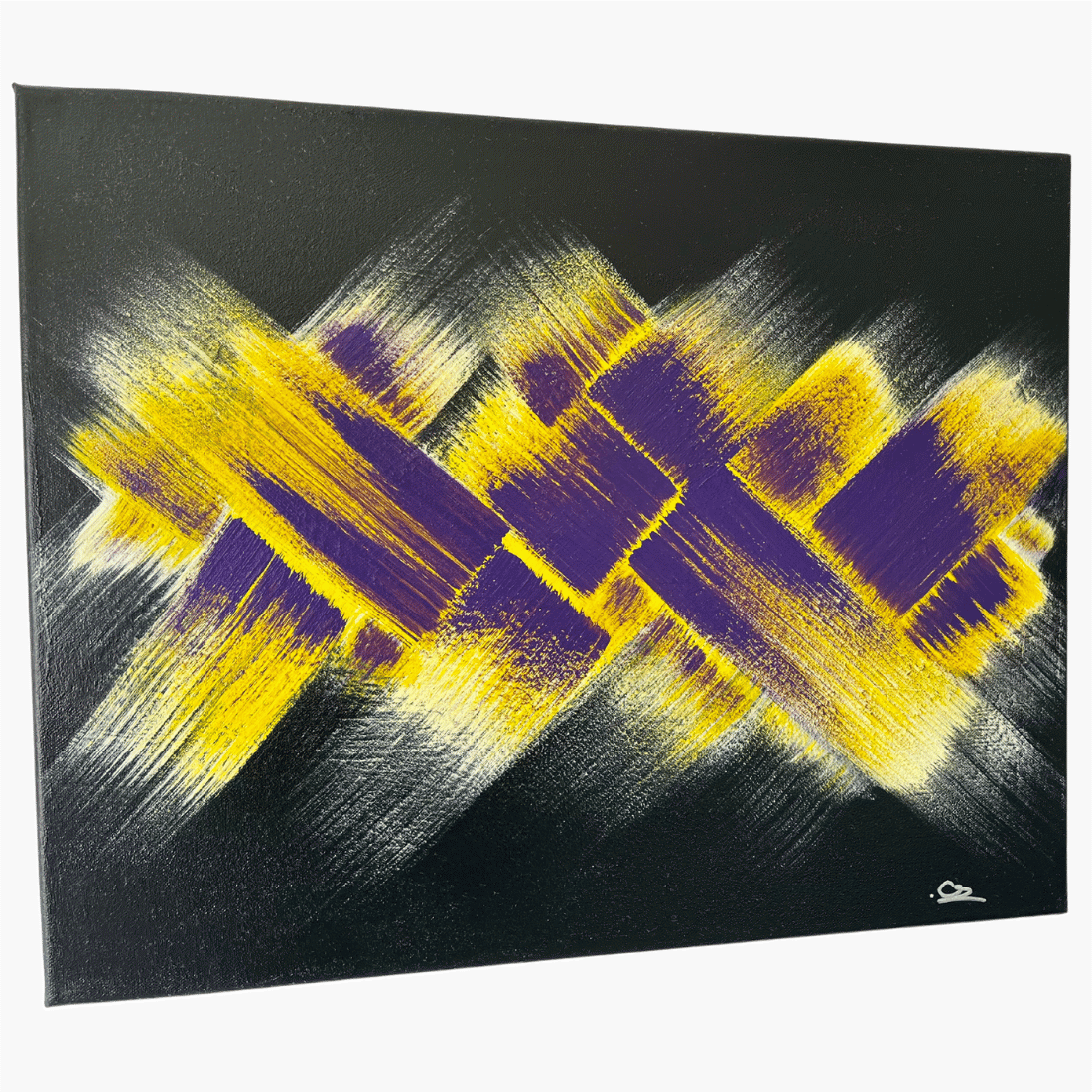 Incroyable peinture abstraite créé à la peinture acrylique dans aux couleurs complémentaires jaune et violette sur un fond noir. Une superbe décoration pour l'intérieur d'une maison ou d'un bureau.