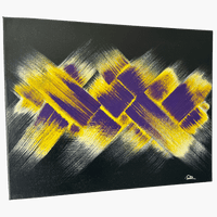 Incroyable peinture abstraite créé à la peinture acrylique dans aux couleurs complémentaires jaune et violette sur un fond noir. Une superbe décoration pour l'intérieur d'une maison ou d'un bureau.